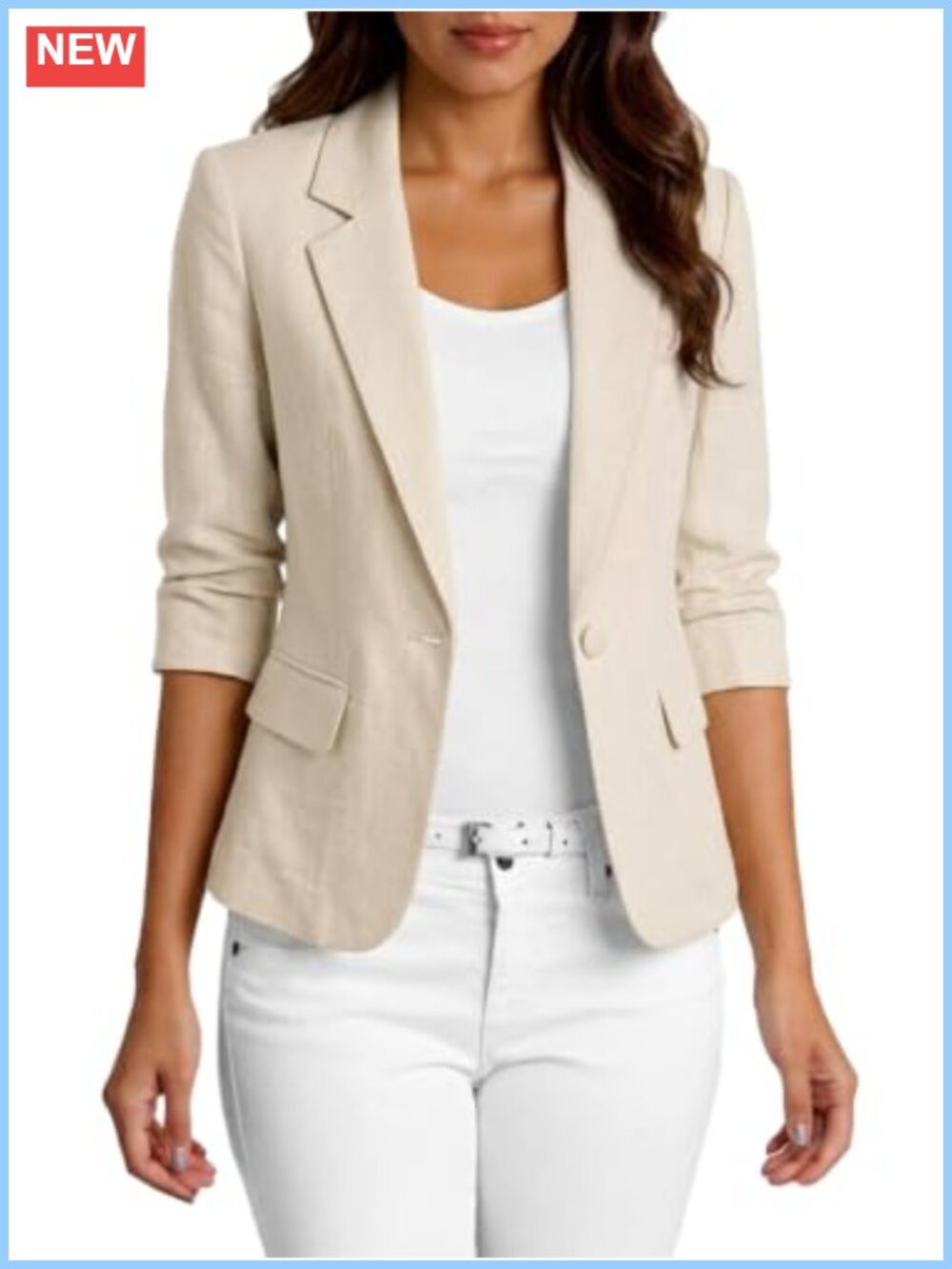 Women's 3/4 Sleeve Linen Blazer Lightweight Slim Jacket